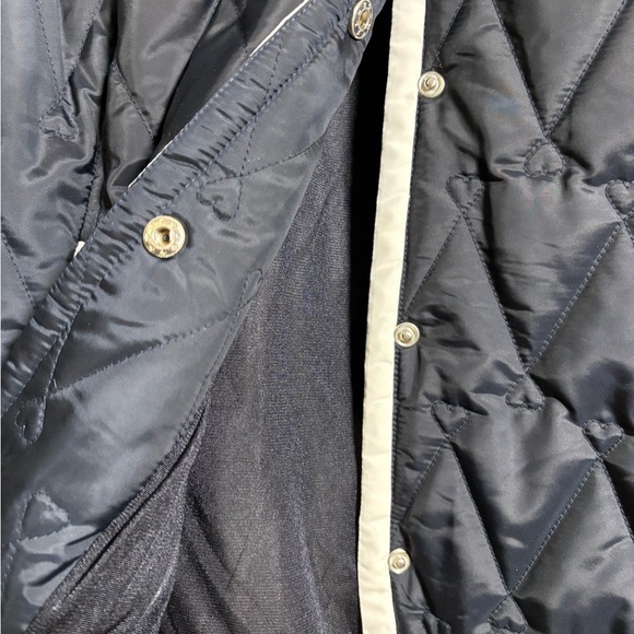 Daily Sports Navy Diamond/Heart Quilted Jacket with White Trim, Back Cinch Belt - Picture 5 of 16